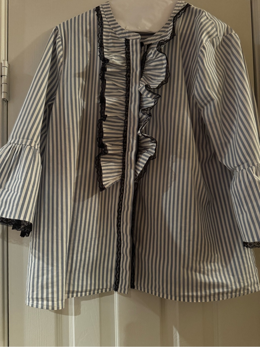 Karl Lagerfeld Blue & White Striped Ruffle-Front Blouse